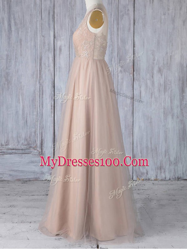 Modern Peach Tulle Zipper V-neck Sleeveless Floor Length Quinceanera Court of Honor Dress Lace