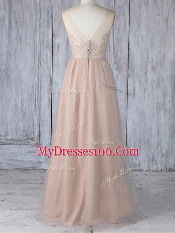 Modern Peach Tulle Zipper V-neck Sleeveless Floor Length Quinceanera Court of Honor Dress Lace