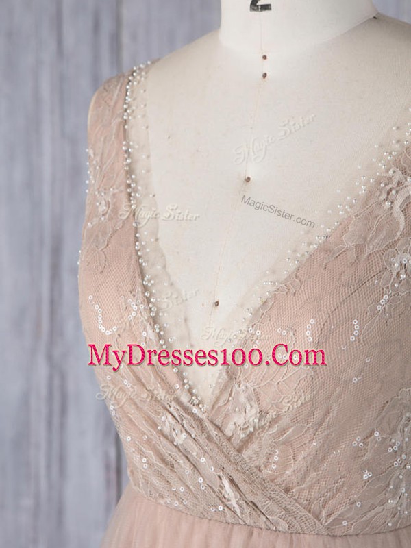 Modern Peach Tulle Zipper V-neck Sleeveless Floor Length Quinceanera Court of Honor Dress Lace