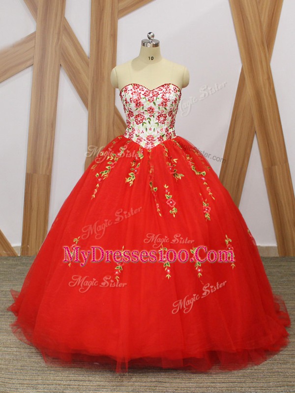 Cheap Red Sweet 16 Dresses Military Ball and Sweet 16 and Quinceanera with Embroidery and Ruffled Layers Sweetheart Sleeveless Sweep Train Lace Up