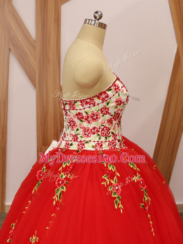 Cheap Red Sweet 16 Dresses Military Ball and Sweet 16 and Quinceanera with Embroidery and Ruffled Layers Sweetheart Sleeveless Sweep Train Lace Up