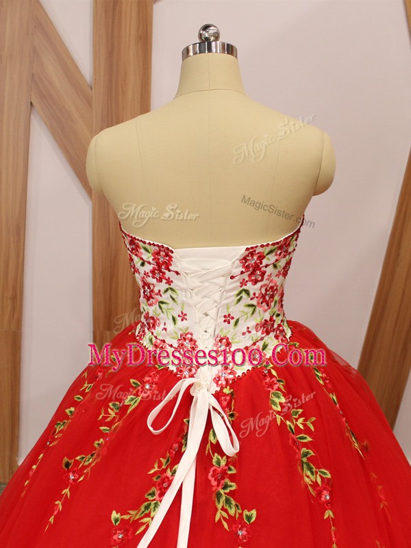Cheap Red Sweet 16 Dresses Military Ball and Sweet 16 and Quinceanera with Embroidery and Ruffled Layers Sweetheart Sleeveless Sweep Train Lace Up