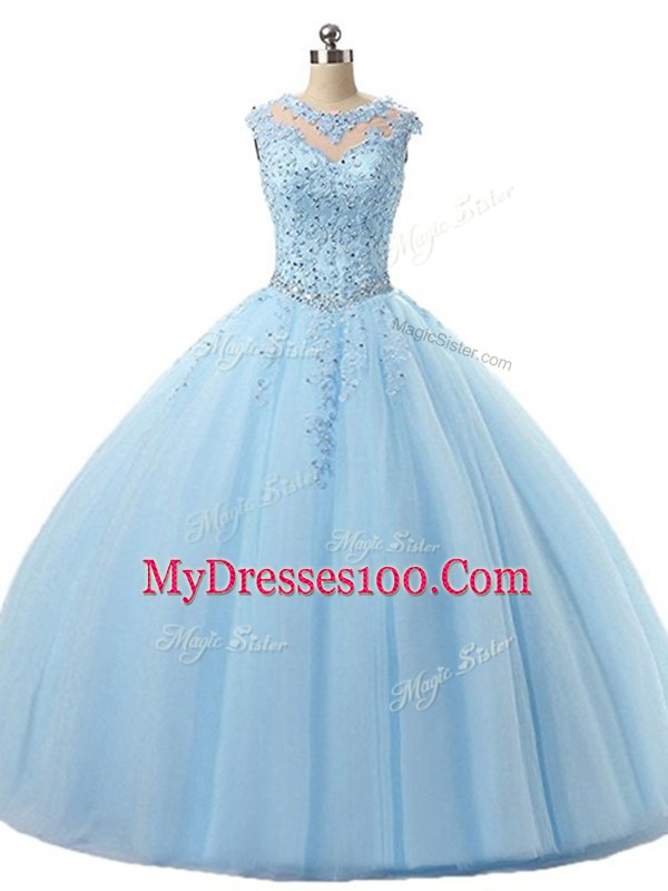 Custom Made Scoop Sleeveless Sweet 16 Quinceanera Dress Floor Length Beading and Lace Light Blue Tulle