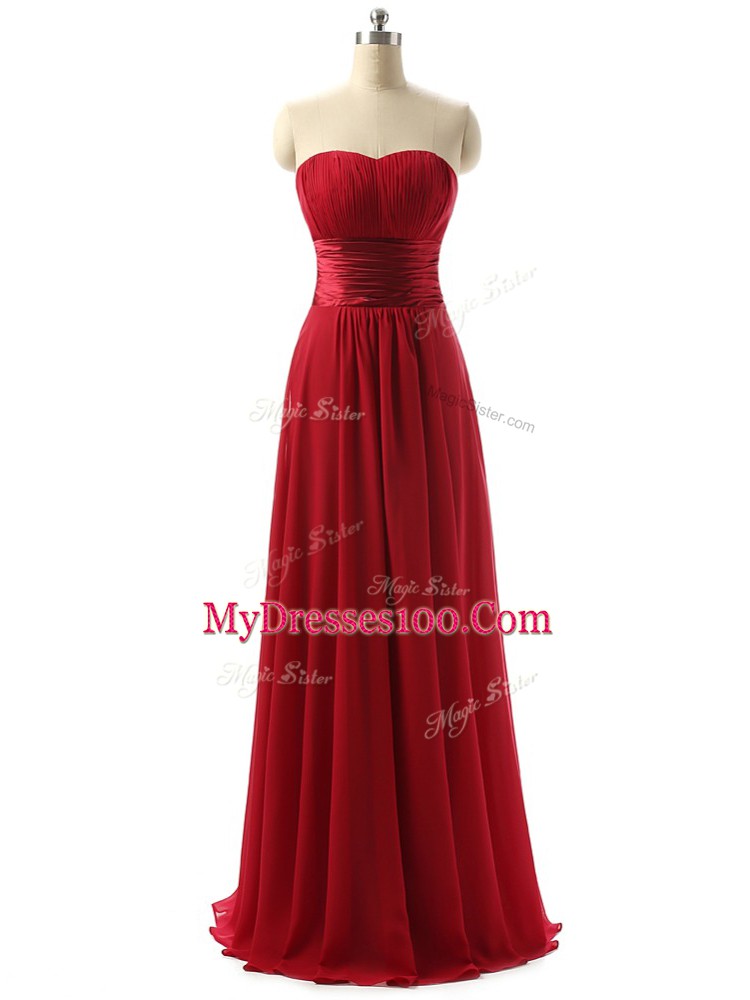 Sleeveless Floor Length Ruching Lace Up Quinceanera Dama Dress with Wine Red