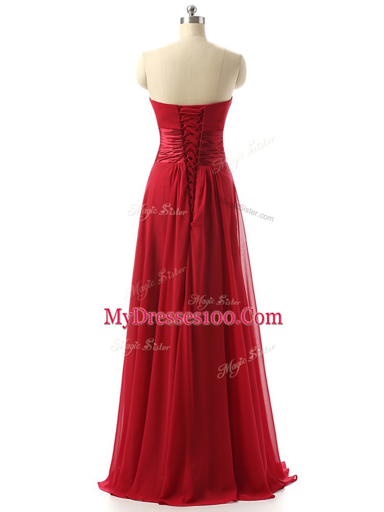 Sleeveless Floor Length Ruching Lace Up Quinceanera Dama Dress with Wine Red