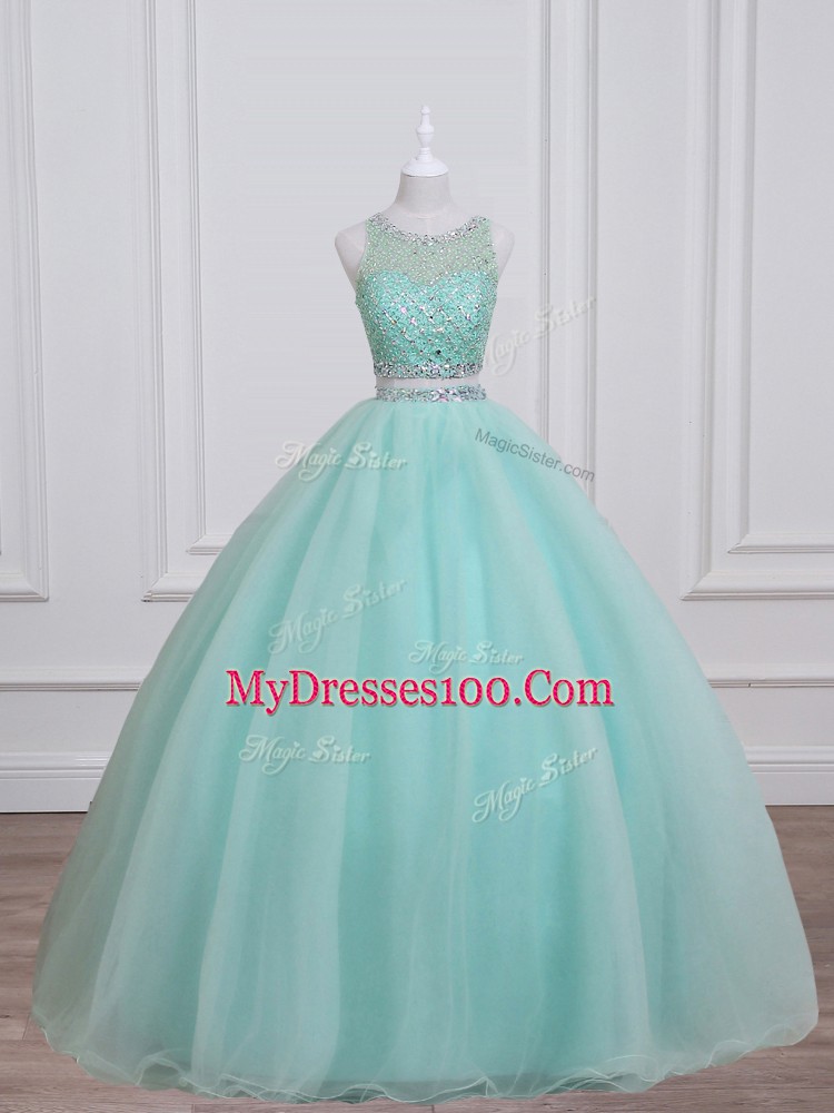 Top Selling Ball Gowns 15 Quinceanera Dress Aqua Blue Scoop Organza and Taffeta Sleeveless Floor Length Lace Up