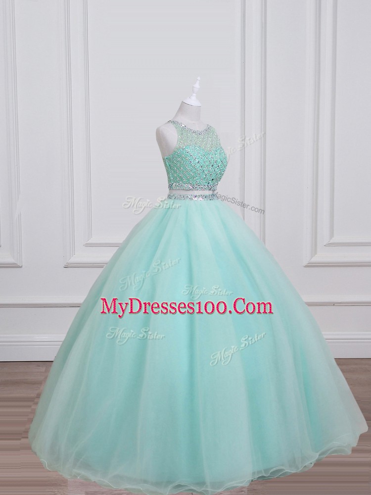 Top Selling Ball Gowns 15 Quinceanera Dress Aqua Blue Scoop Organza and Taffeta Sleeveless Floor Length Lace Up
