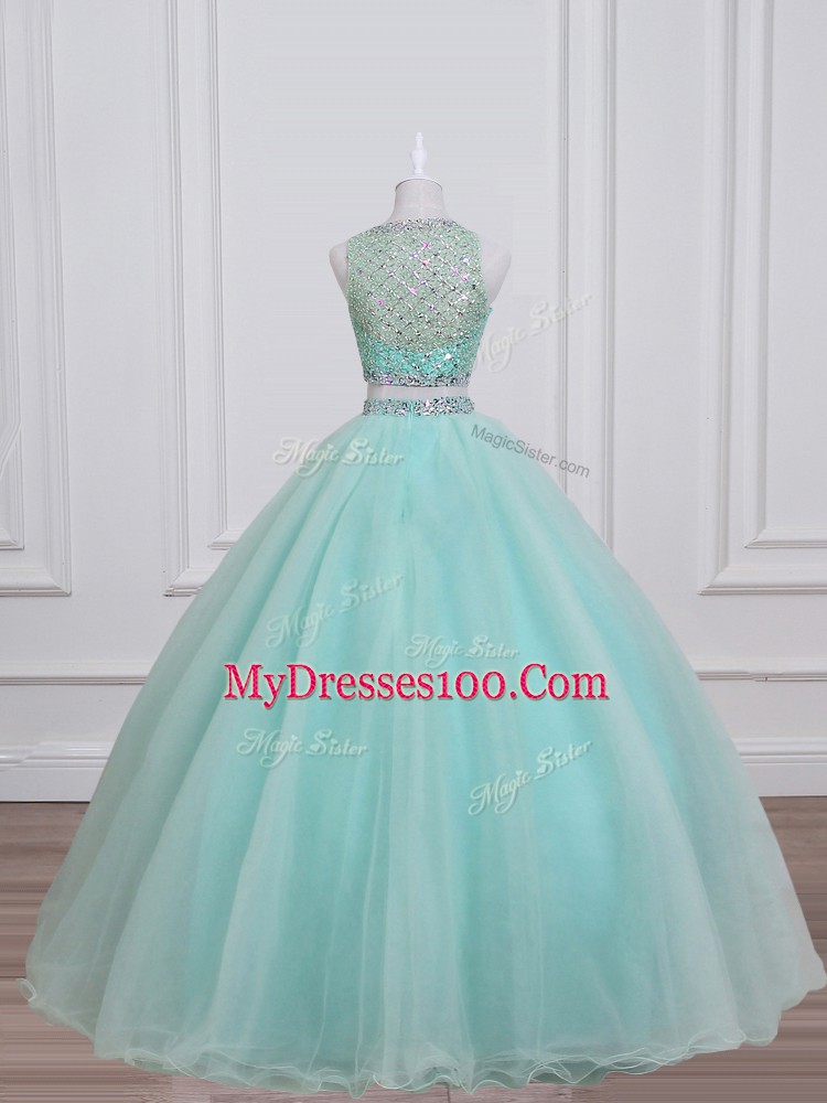 Top Selling Ball Gowns 15 Quinceanera Dress Aqua Blue Scoop Organza and Taffeta Sleeveless Floor Length Lace Up