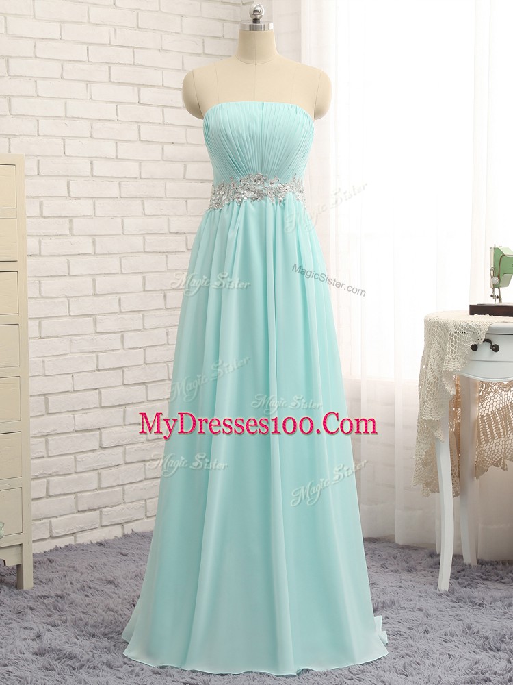 Apple Green Sleeveless Appliques and Ruching Floor Length Bridesmaid Dresses