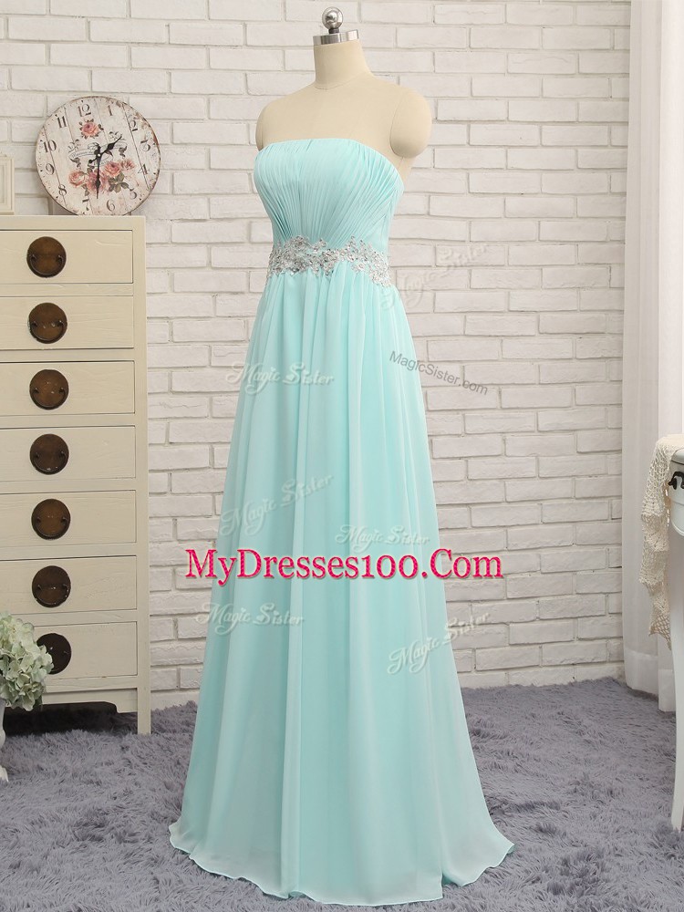 Apple Green Sleeveless Appliques and Ruching Floor Length Bridesmaid Dresses