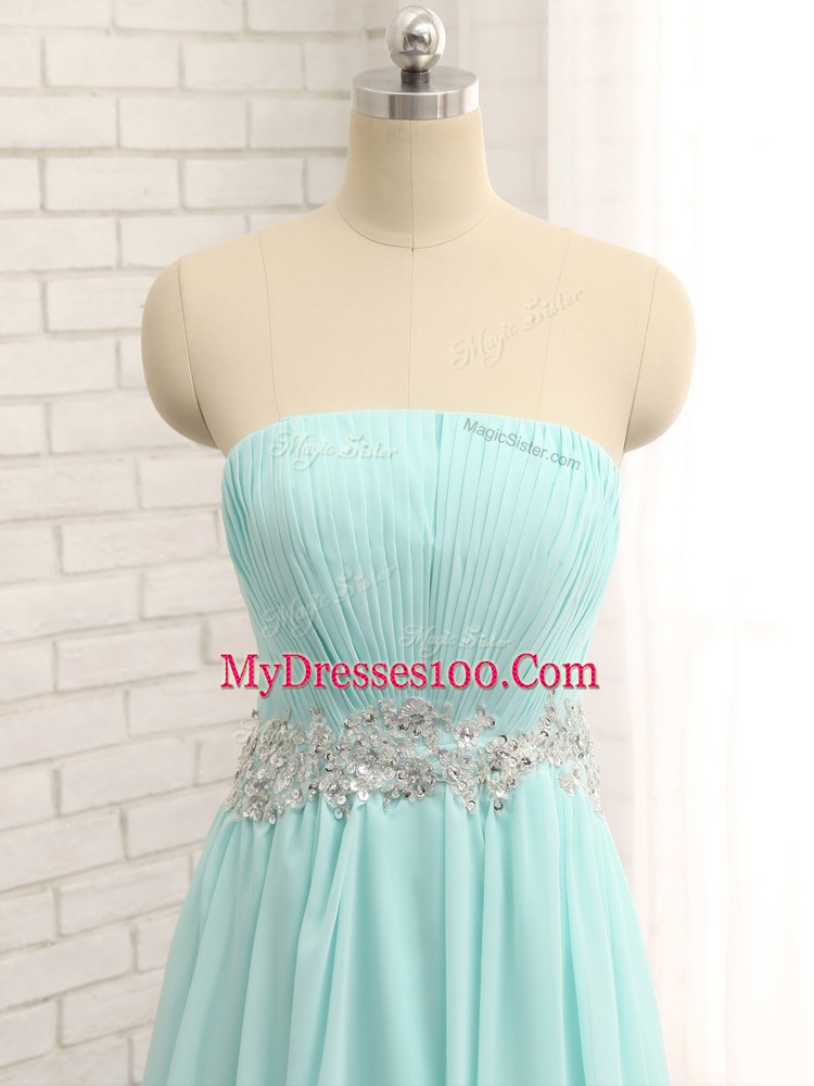 Apple Green Sleeveless Appliques and Ruching Floor Length Bridesmaid Dresses