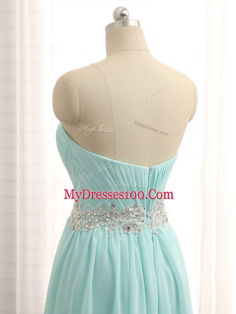 Apple Green Sleeveless Appliques and Ruching Floor Length Bridesmaid Dresses