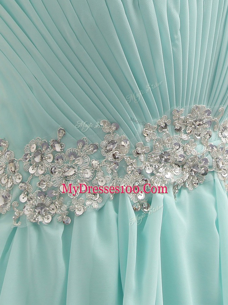 Apple Green Sleeveless Appliques and Ruching Floor Length Bridesmaid Dresses