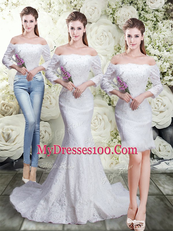 White 3 4 Length Sleeve Lace Brush Train Lace Up Wedding Dress for Wedding Party