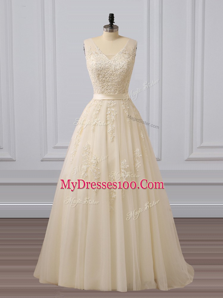 V-neck Sleeveless Brush Train Lace Up Dress for Prom Champagne Tulle