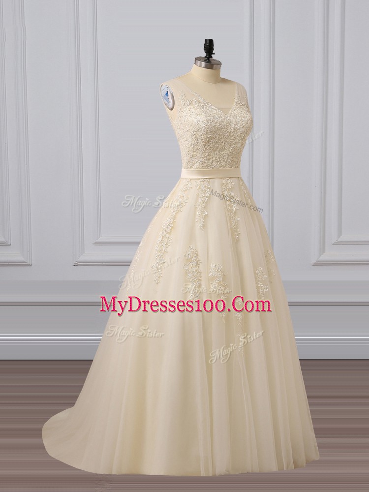 V-neck Sleeveless Brush Train Lace Up Dress for Prom Champagne Tulle