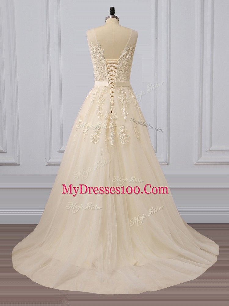V-neck Sleeveless Brush Train Lace Up Dress for Prom Champagne Tulle