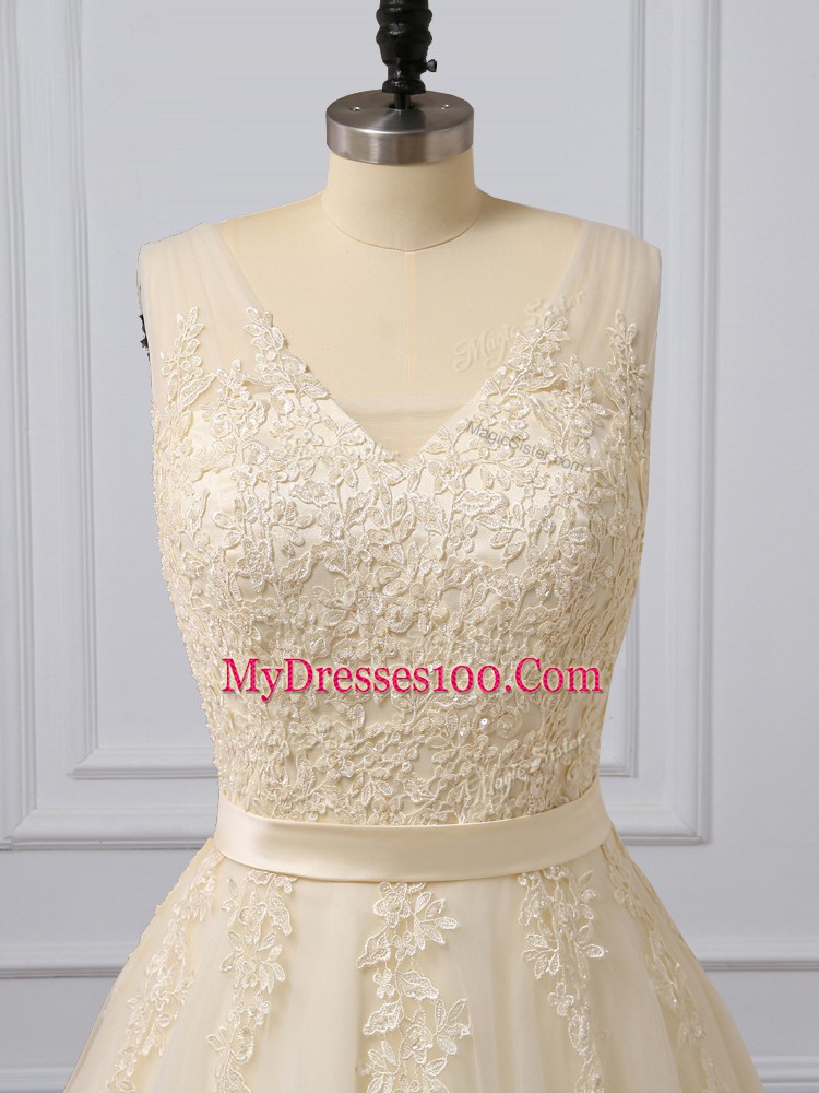 V-neck Sleeveless Brush Train Lace Up Dress for Prom Champagne Tulle