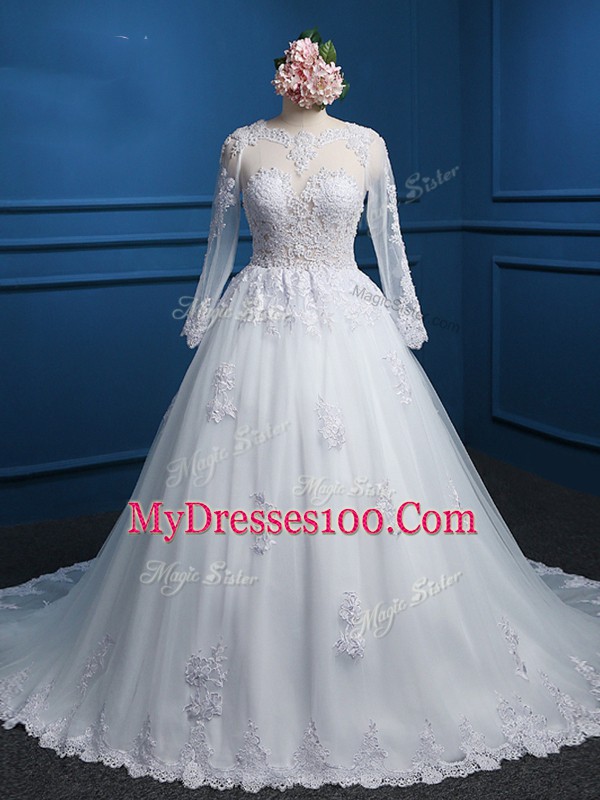 Tulle Scoop Long Sleeves Court Train Zipper Lace and Appliques Wedding Gown in White