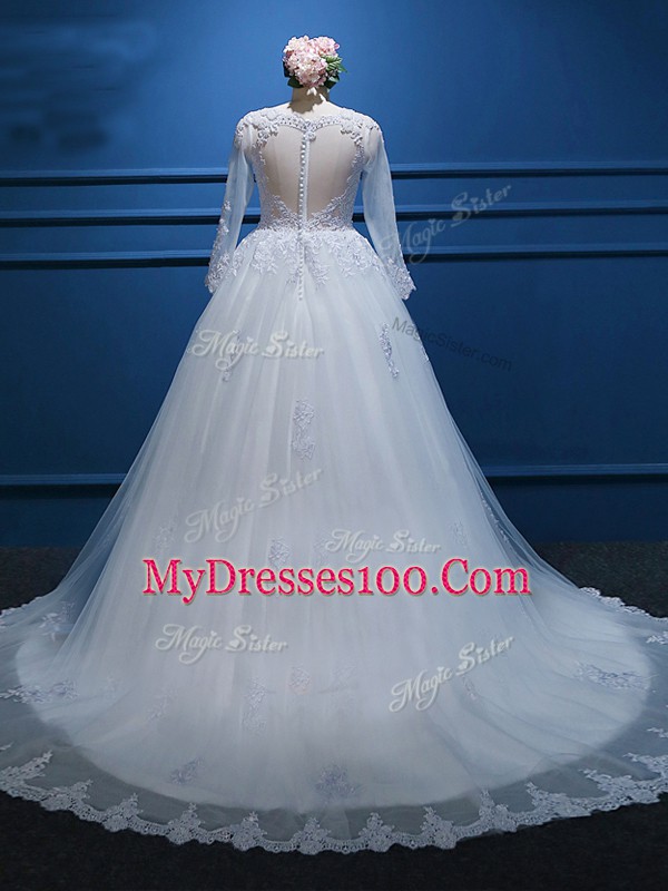 Tulle Scoop Long Sleeves Court Train Zipper Lace and Appliques Wedding Gown in White