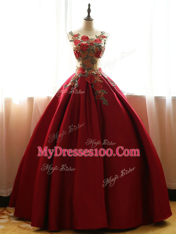 Clearance Floor Length Lace Up Quinceanera Dresses Wine Red for Military Ball and Sweet 16 and Quinceanera with Appliques