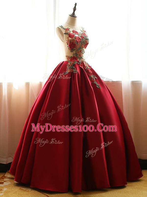 Clearance Floor Length Lace Up Quinceanera Dresses Wine Red for Military Ball and Sweet 16 and Quinceanera with Appliques
