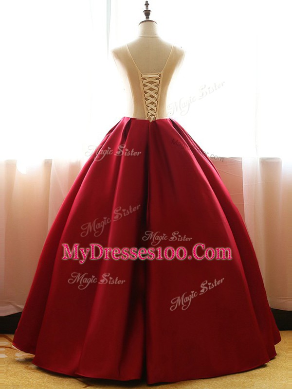 Clearance Floor Length Lace Up Quinceanera Dresses Wine Red for Military Ball and Sweet 16 and Quinceanera with Appliques