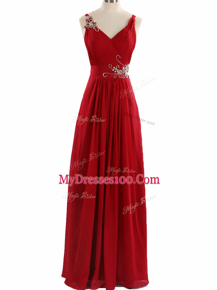 Fancy Empire Prom Gown Red V-neck Chiffon Sleeveless Floor Length Zipper
