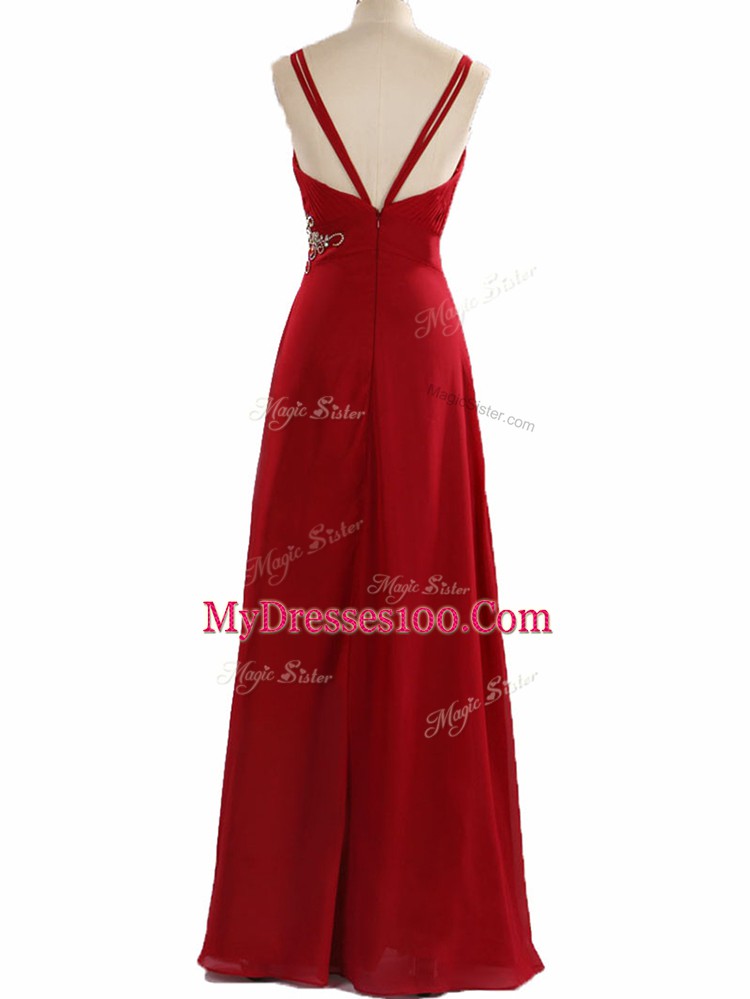 Fancy Empire Prom Gown Red V-neck Chiffon Sleeveless Floor Length Zipper