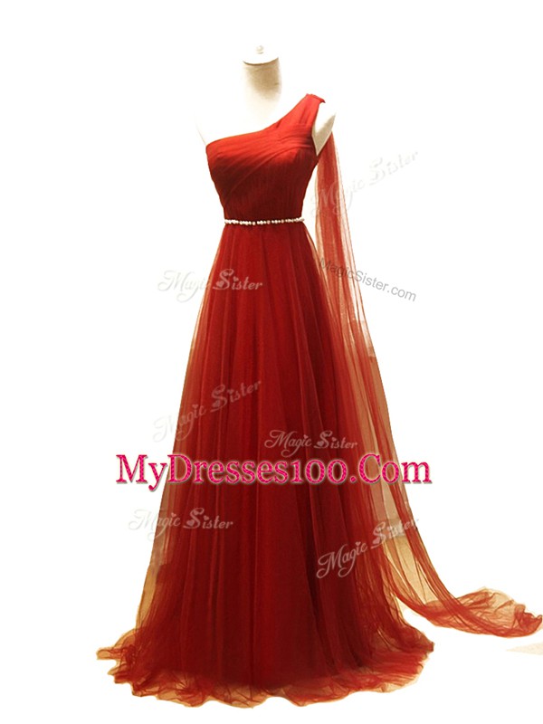 Graceful Beading and Ruching Prom Gown Rust Red Zipper Sleeveless Brush Train
