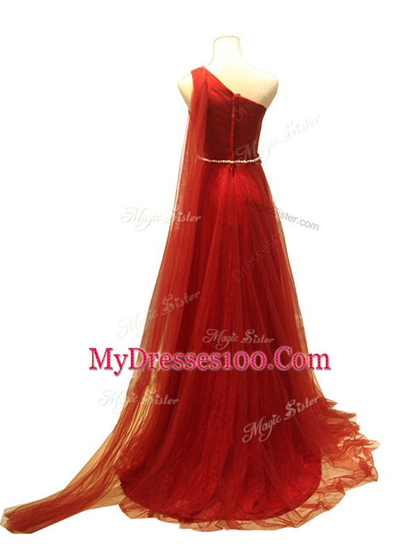 Graceful Beading and Ruching Prom Gown Rust Red Zipper Sleeveless Brush Train
