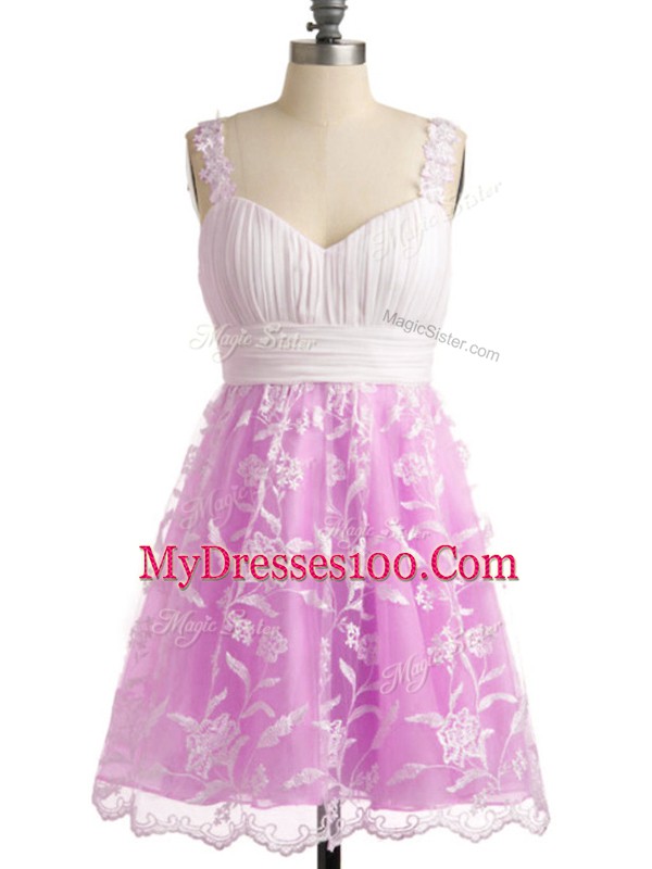 Sexy Lilac Sleeveless Lace Lace Up Bridesmaid Dress for Prom and Party and Wedding Party