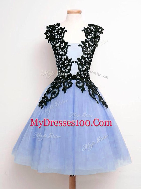 Elegant Sleeveless Knee Length Lace Lace Up Quinceanera Dama Dress with Light Blue