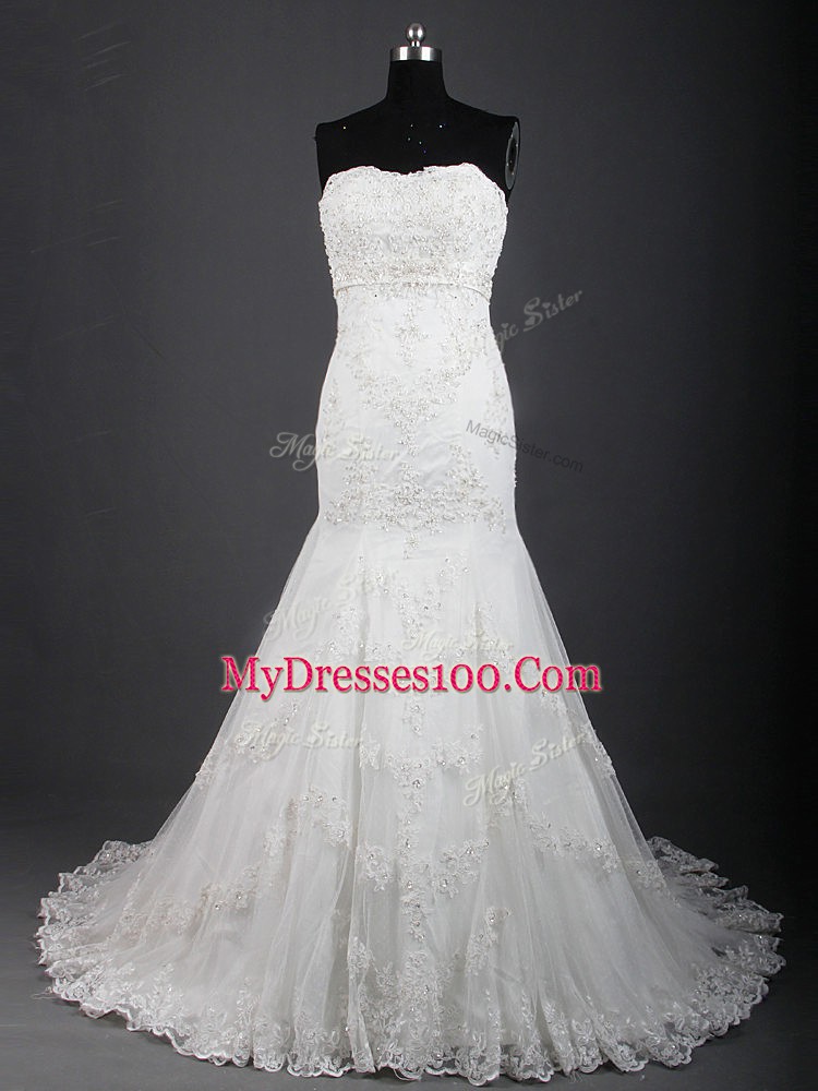 Best White Wedding Dresses Tulle Brush Train Sleeveless Lace
