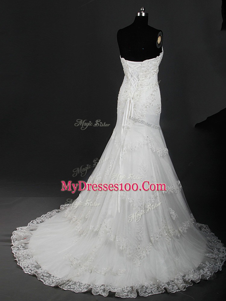 Best White Wedding Dresses Tulle Brush Train Sleeveless Lace