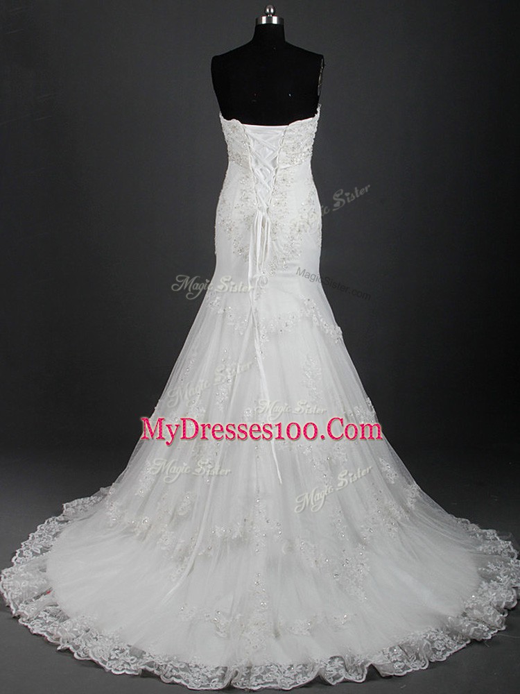 Best White Wedding Dresses Tulle Brush Train Sleeveless Lace
