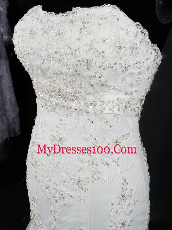 Best White Wedding Dresses Tulle Brush Train Sleeveless Lace