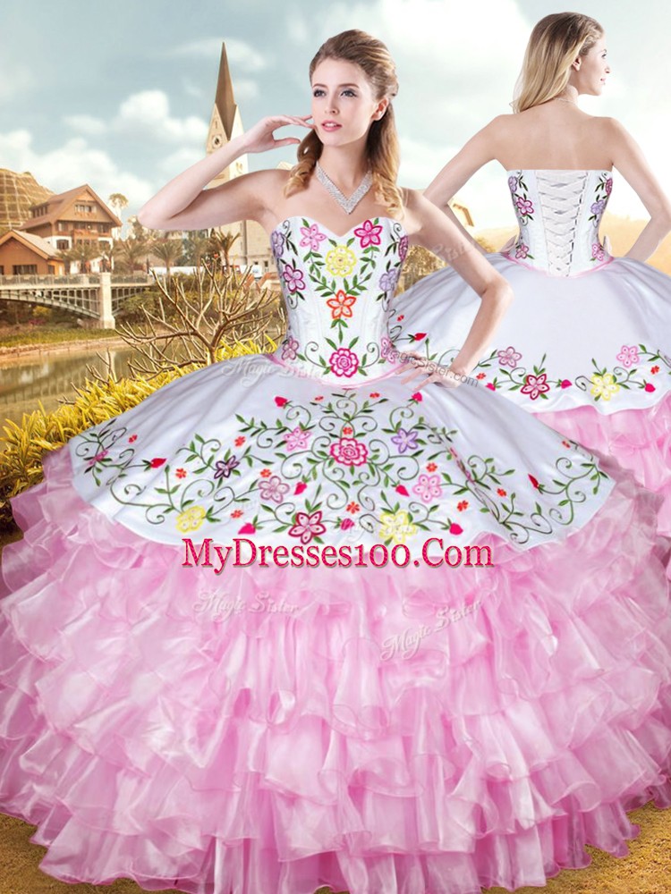 Hot Sale Rose Pink Ball Gowns Embroidery and Ruffled Layers 15th Birthday Dress Lace Up Organza and Taffeta Sleeveless Floor Length