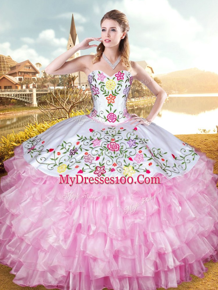 Hot Sale Rose Pink Ball Gowns Embroidery and Ruffled Layers 15th Birthday Dress Lace Up Organza and Taffeta Sleeveless Floor Length