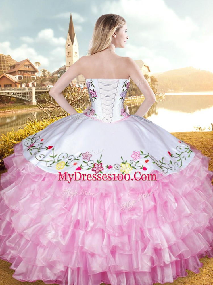 Hot Sale Rose Pink Ball Gowns Embroidery and Ruffled Layers 15th Birthday Dress Lace Up Organza and Taffeta Sleeveless Floor Length