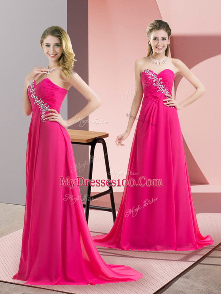 Enchanting Hot Pink Sleeveless Beading Floor Length Prom Evening Gown