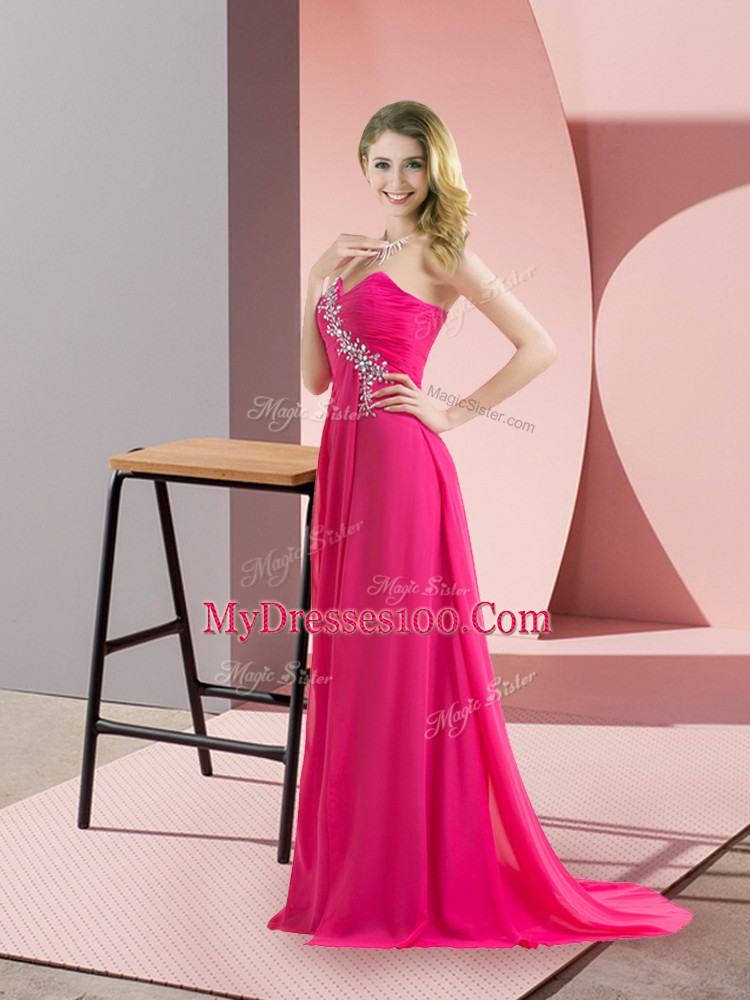 Enchanting Hot Pink Sleeveless Beading Floor Length Prom Evening Gown