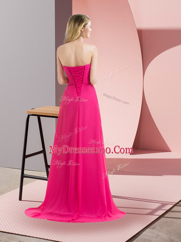 Enchanting Hot Pink Sleeveless Beading Floor Length Prom Evening Gown
