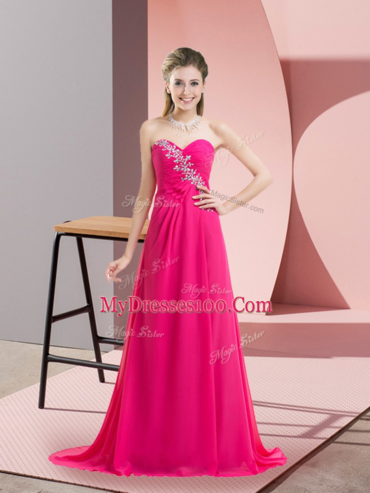 Enchanting Hot Pink Sleeveless Beading Floor Length Prom Evening Gown