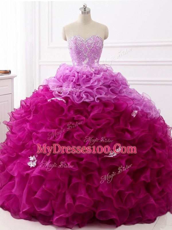 Sleeveless Brush Train Beading and Appliques and Ruffles Lace Up Quinceanera Gowns