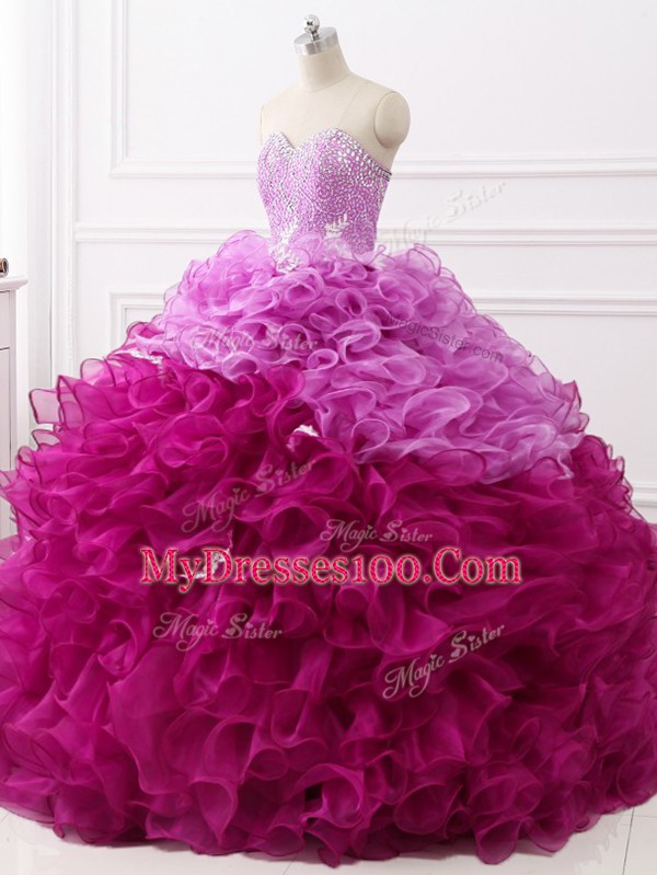 Sleeveless Brush Train Beading and Appliques and Ruffles Lace Up Quinceanera Gowns