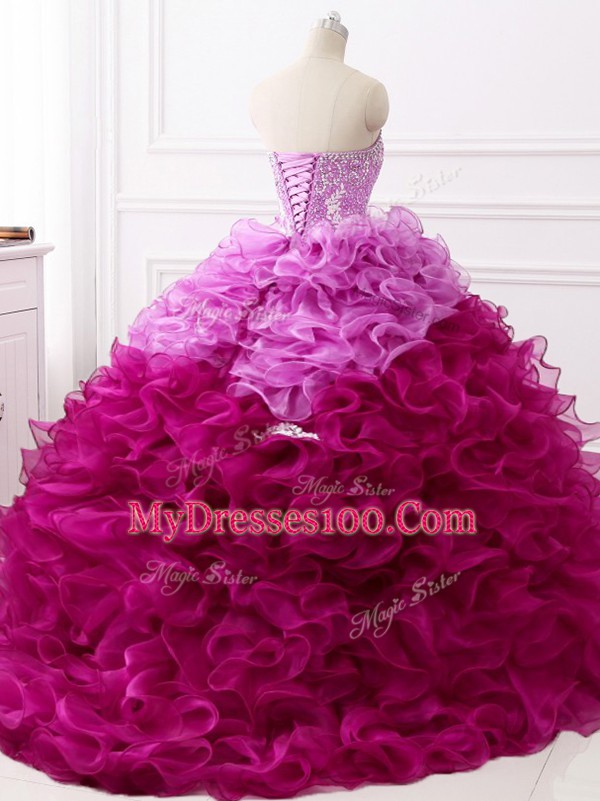 Sleeveless Brush Train Beading and Appliques and Ruffles Lace Up Quinceanera Gowns