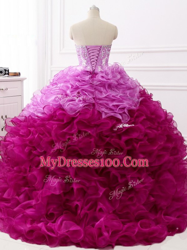 Sleeveless Brush Train Beading and Appliques and Ruffles Lace Up Quinceanera Gowns