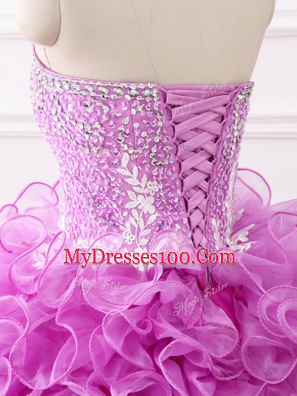 Sleeveless Brush Train Beading and Appliques and Ruffles Lace Up Quinceanera Gowns