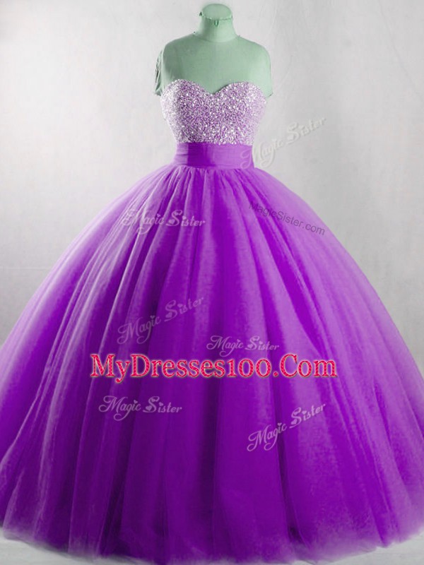 Eggplant Purple Tulle Lace Up Sweetheart Sleeveless Floor Length Sweet 16 Quinceanera Dress Beading